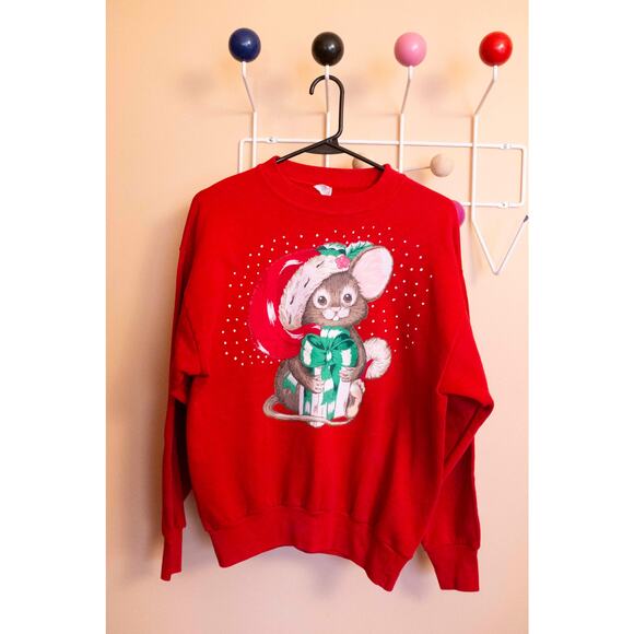 Vintage Christmas Mouse Sweatshirt – Red Holiday Crewneck, Made in USA, Size M - Picture 1 of 4